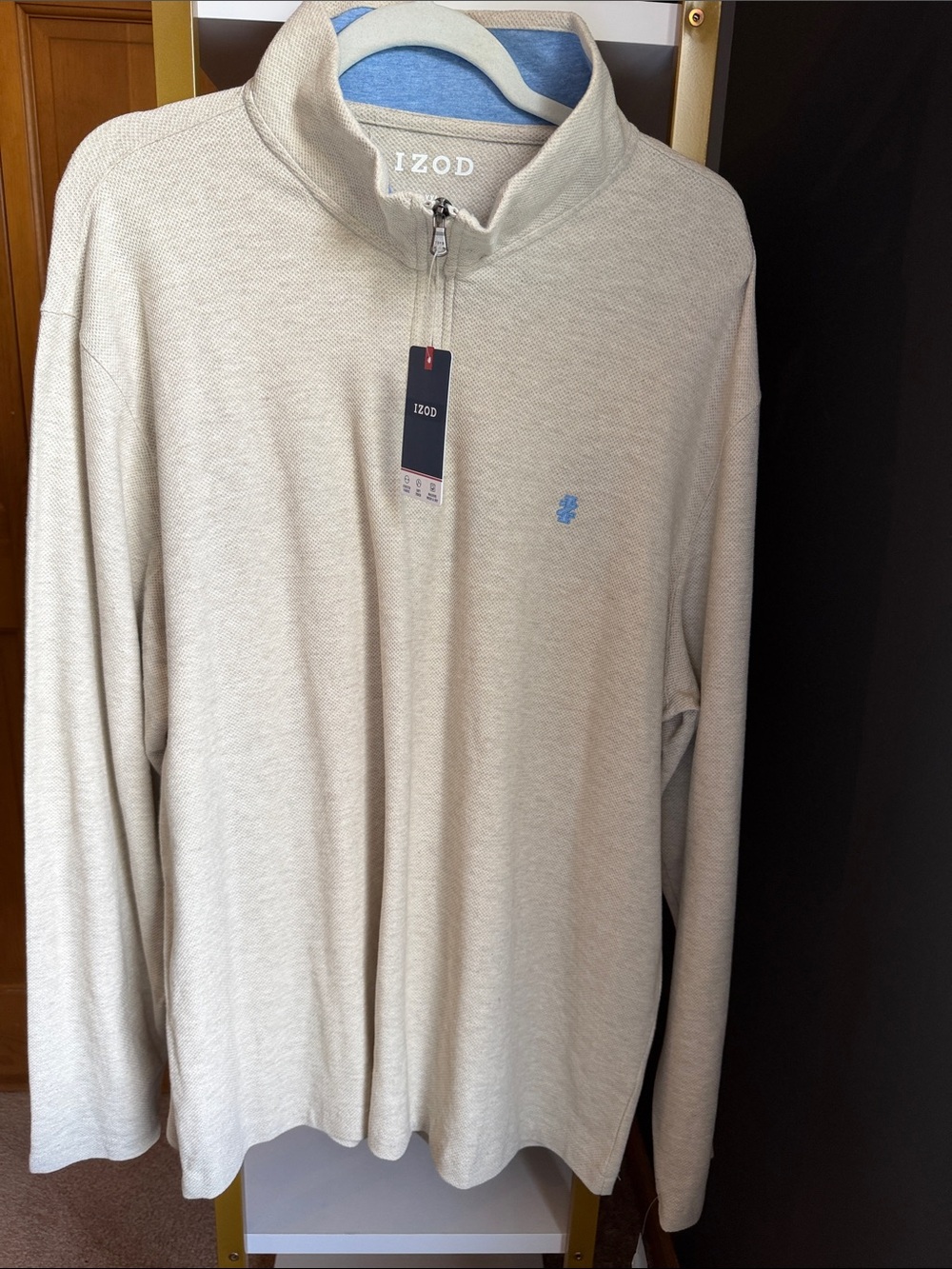 Izod Light Beige Quarter-Zip Pullover with Blue Logo